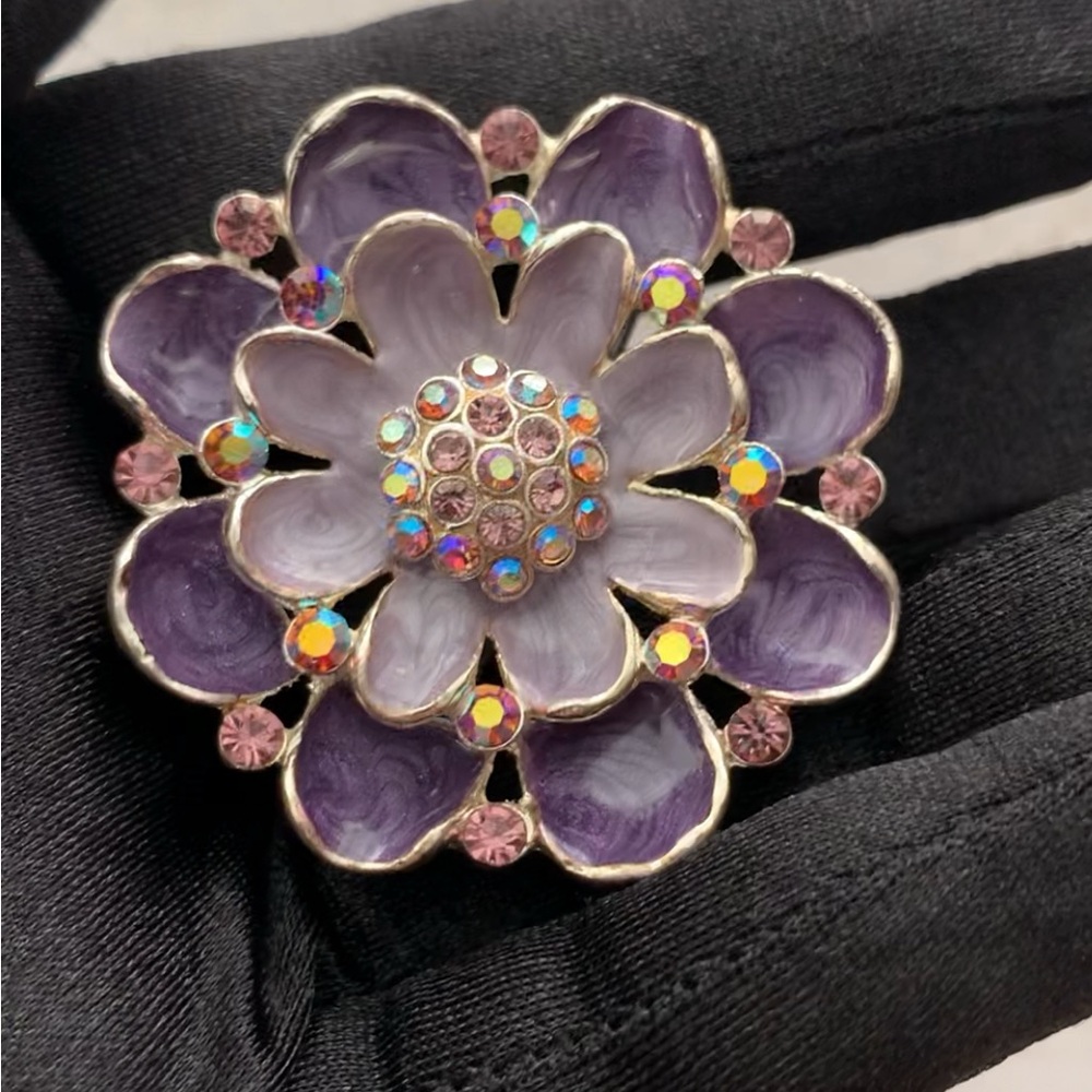 Purple Enamel AB Crystal Flower Brooch